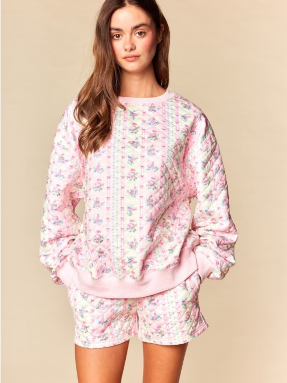 Quilted Pink Floral Sweatshirt & Shorts Set